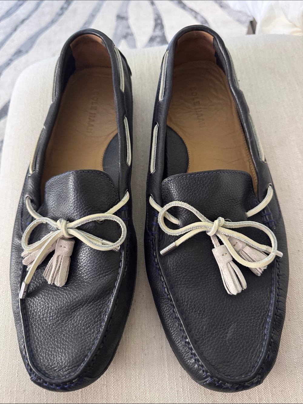 Cole Haan Black Leather Tassel & Bow Loafers with Cream Laces